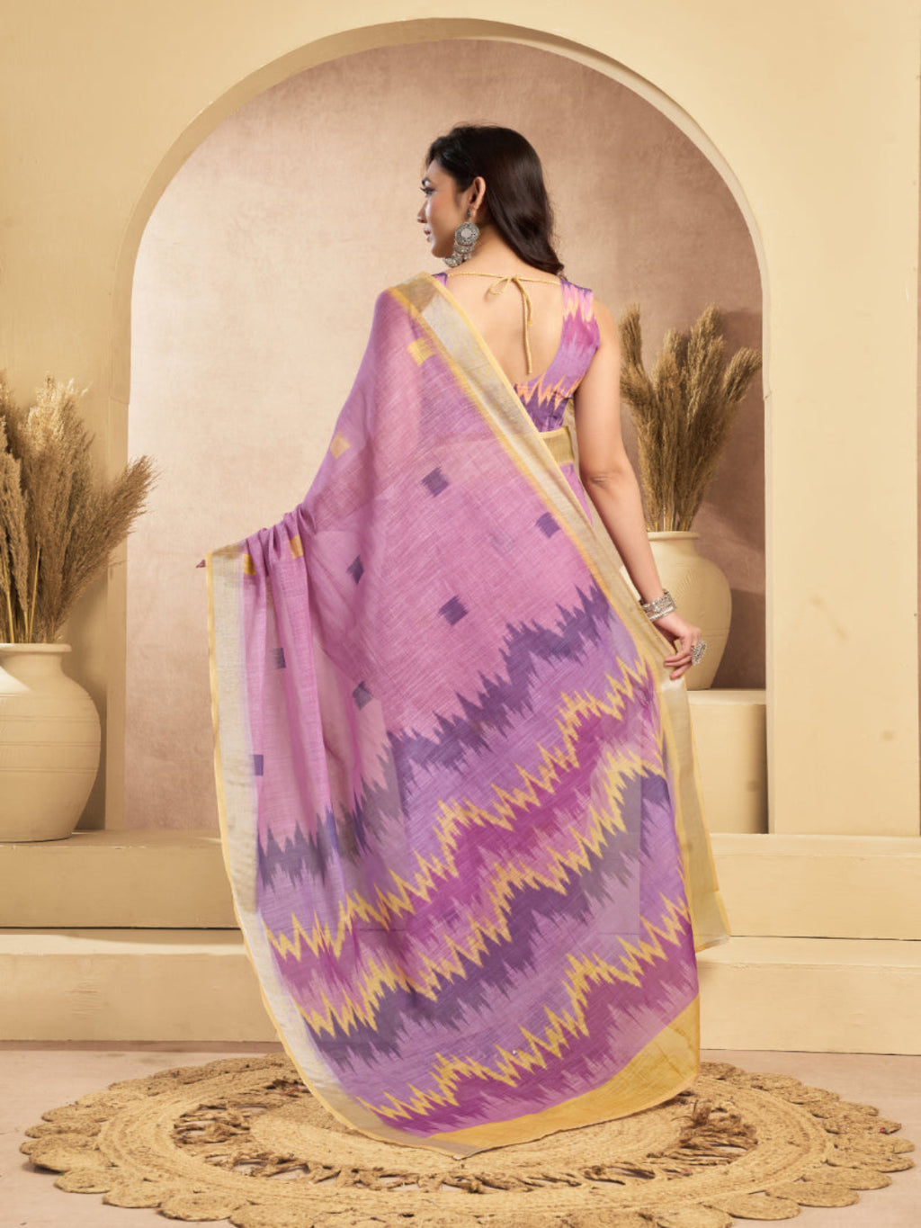 Linen Ikkat Printed ready to wear with pocket saree with Blouse