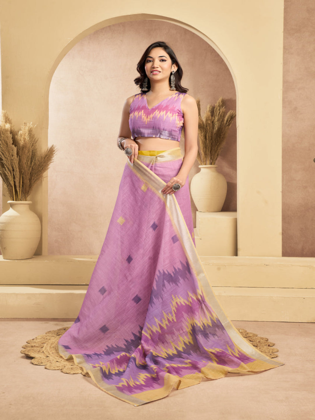 Linen Ikkat Printed ready to wear with pocket saree with Blouse