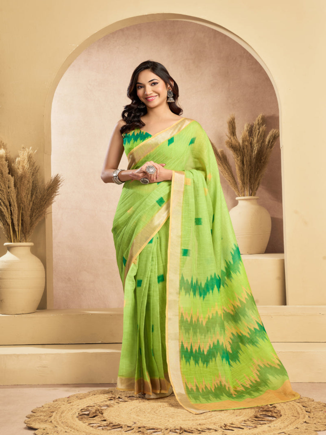 Linen Ikkat Printed ready to wear with pocket saree with Blouse