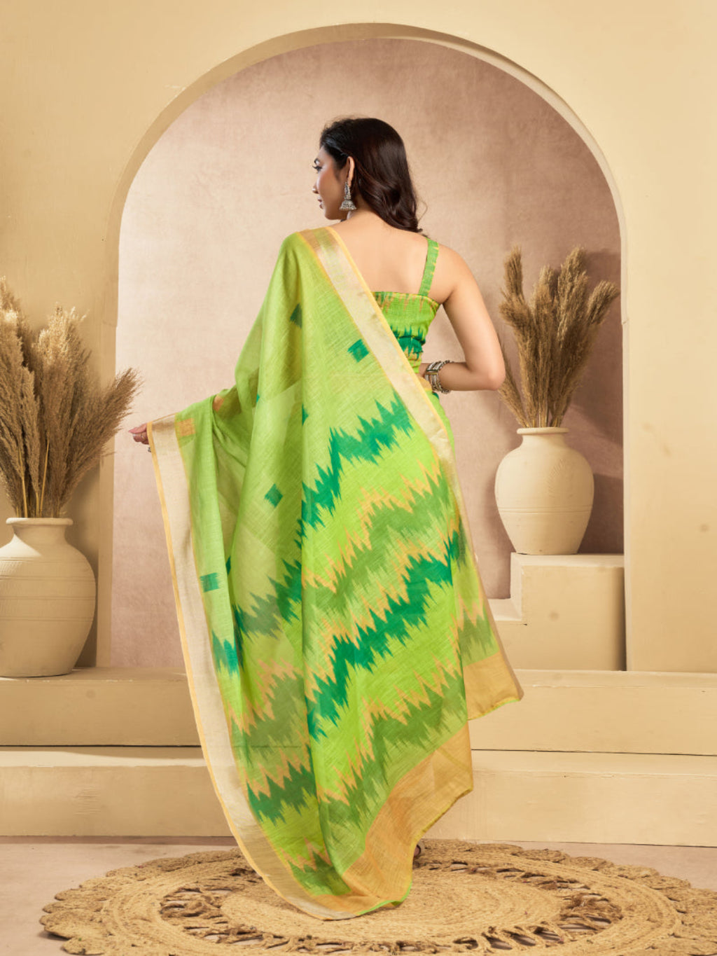 Linen Ikkat Printed ready to wear with pocket saree with Blouse