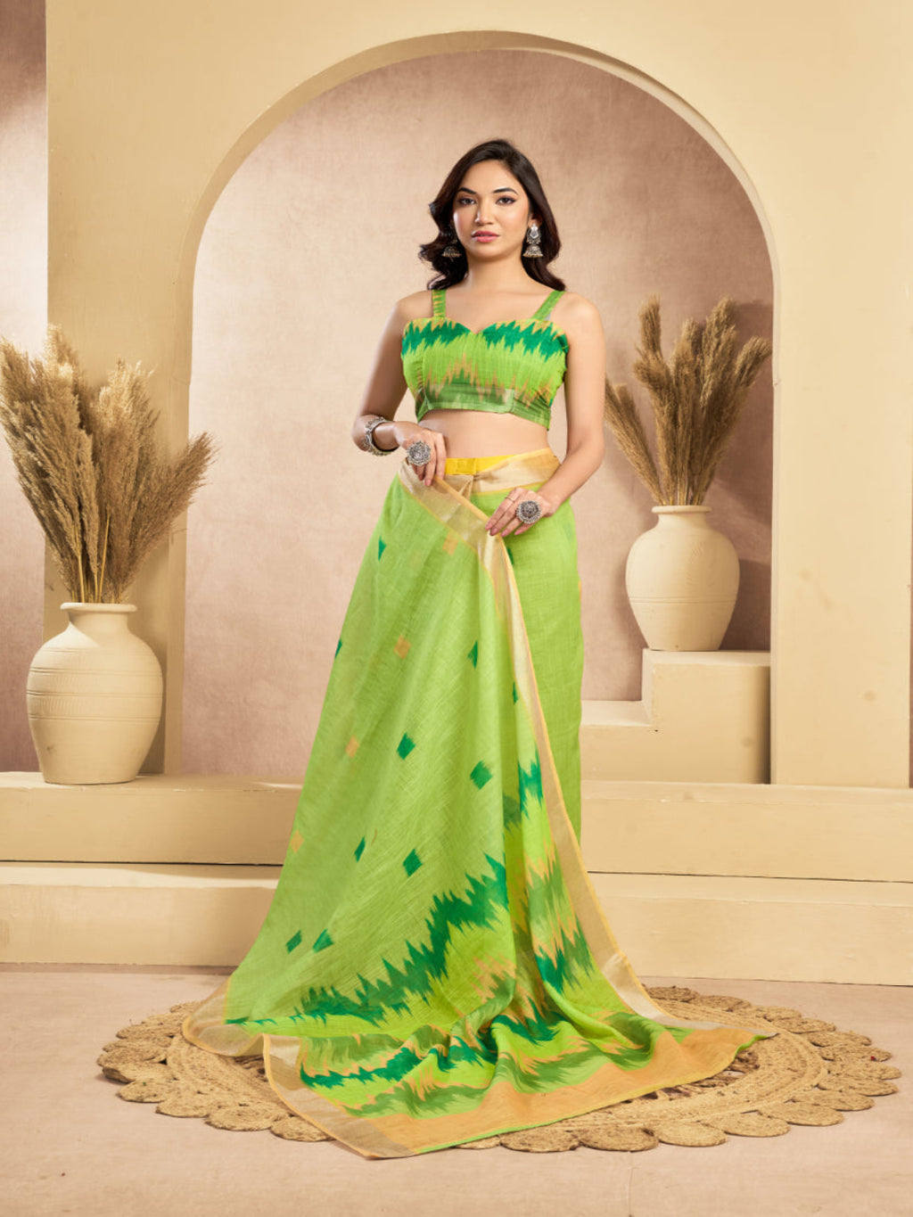 Linen Ikkat Printed ready to wear with pocket saree with Blouse