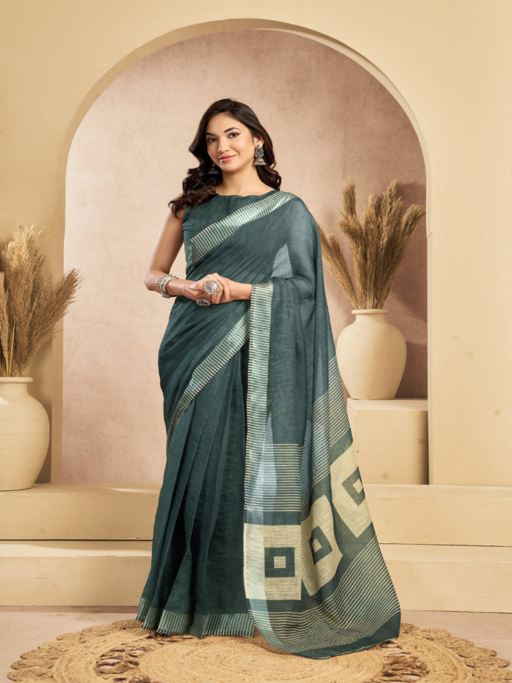 Teal Blue Linen Ikkat Printed ready to wear with pocket saree with Blouse