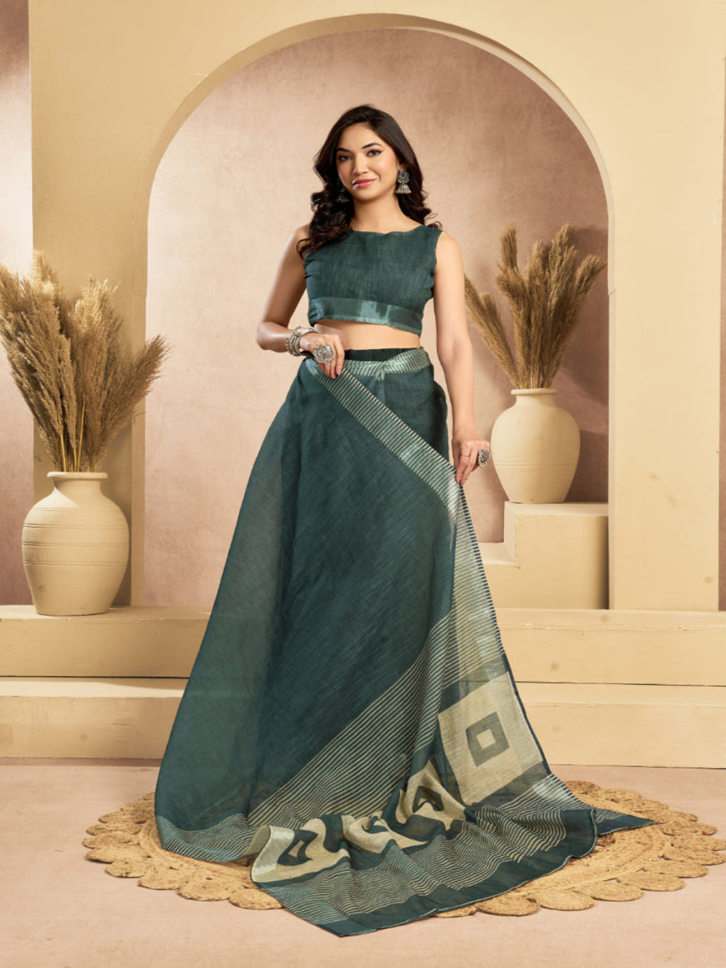 Teal Blue Linen Ikkat Printed ready to wear with pocket saree with Blouse