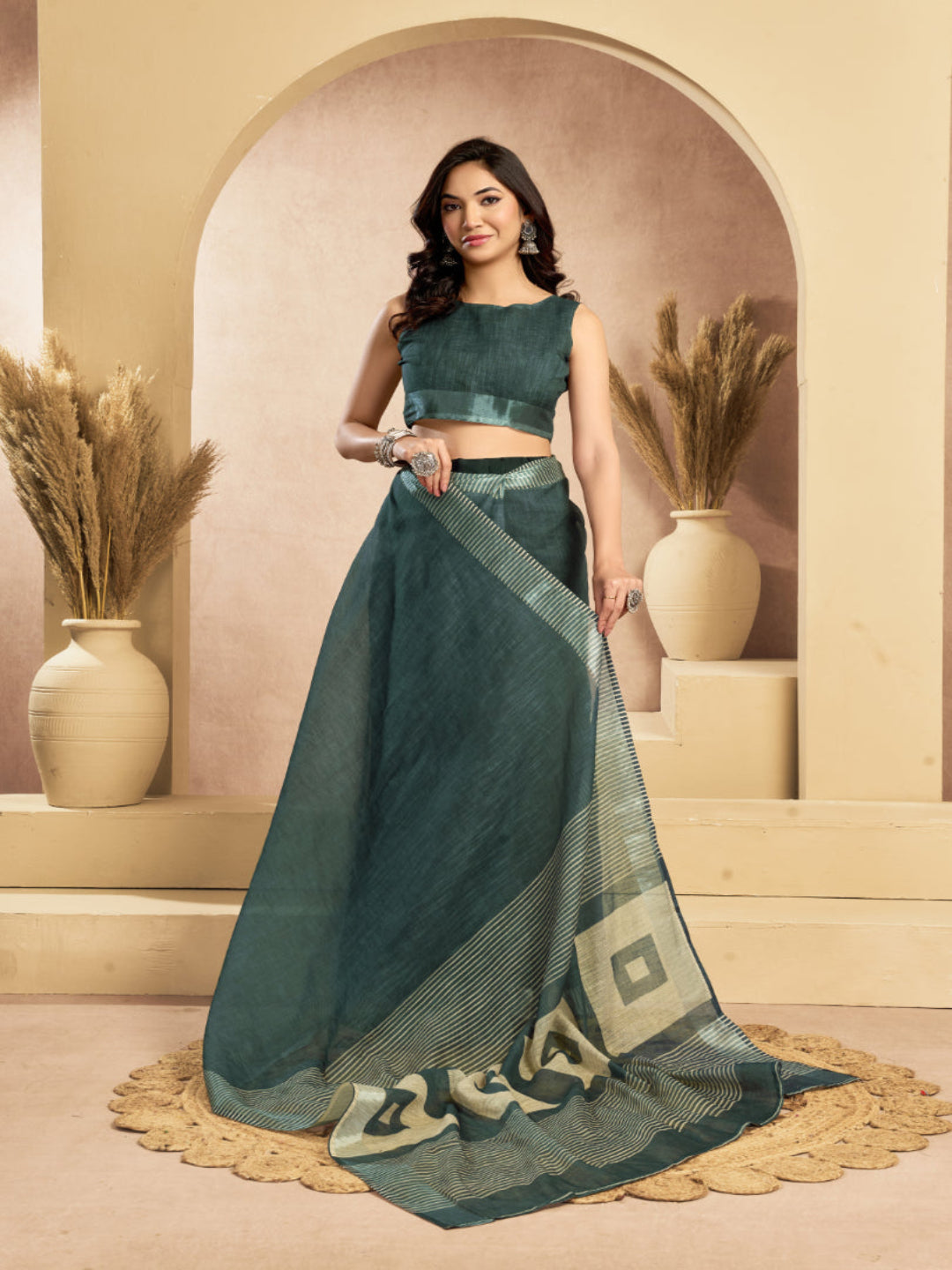 Teal Blue Linen Ikkat Printed ready to wear with pocket saree with Blouse