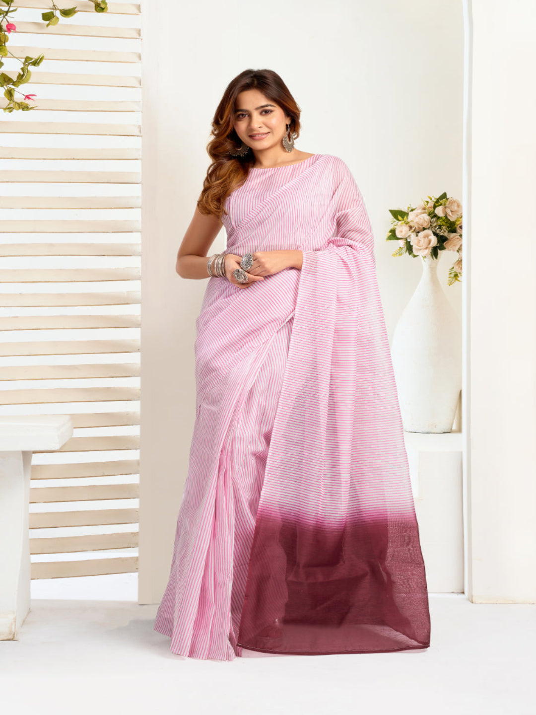 The effortless linen Pink ready to wear saree with pocket