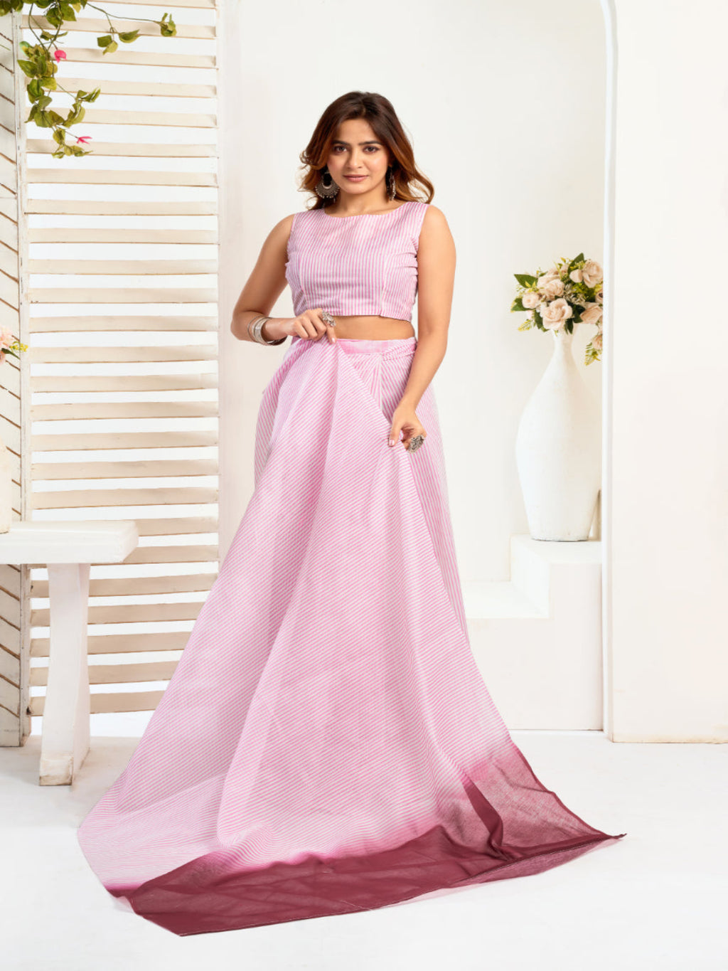 The effortless linen Pink ready to wear saree with pocket