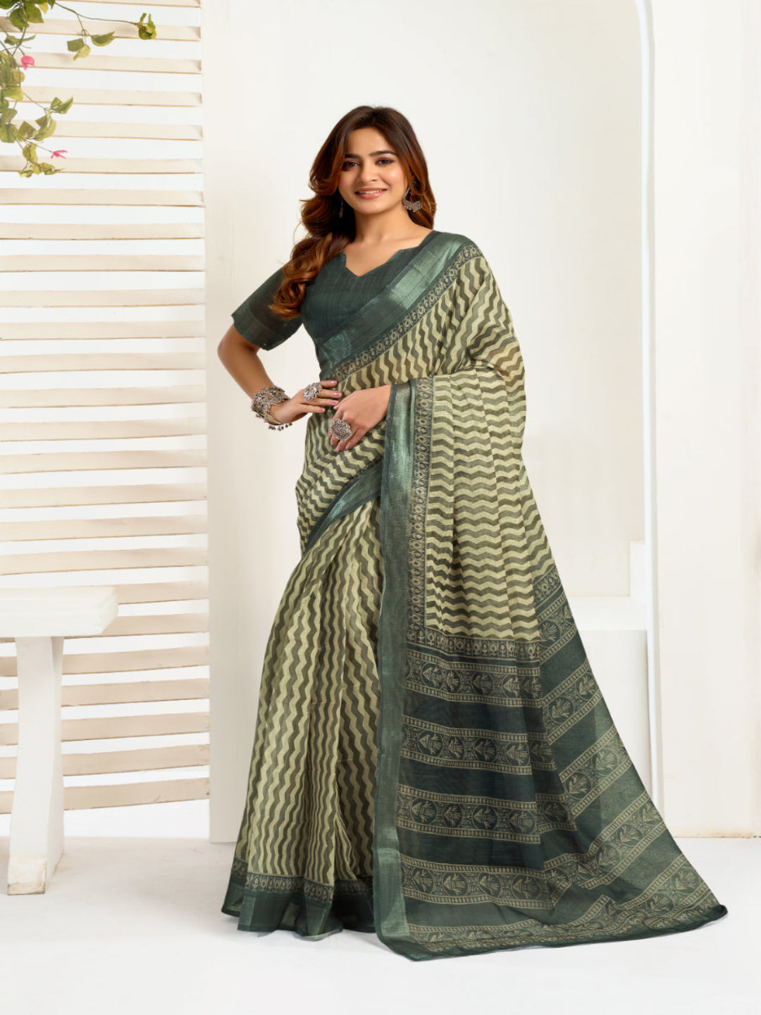 Stripe effortless linen ready to wear saree with pocket
