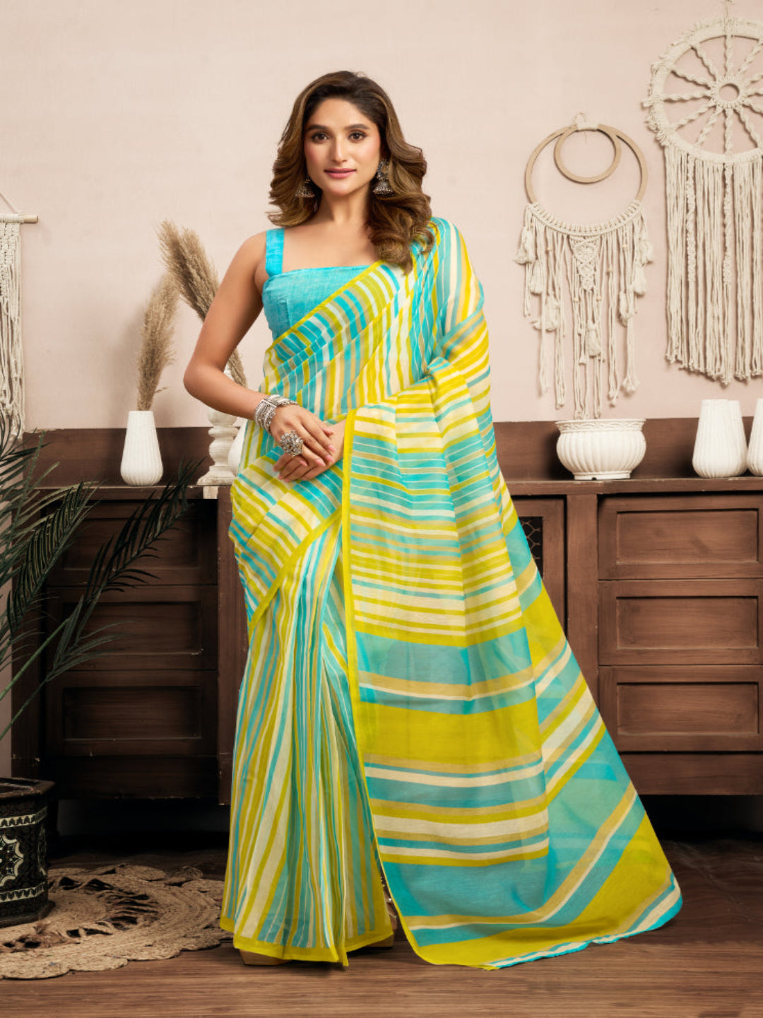 Lime Yellow Printed linen ready to wear saree with pocket