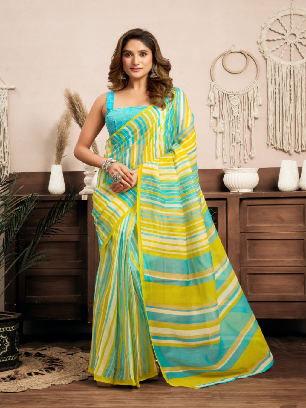 Lime Yellow Printed linen ready to wear saree with pocket