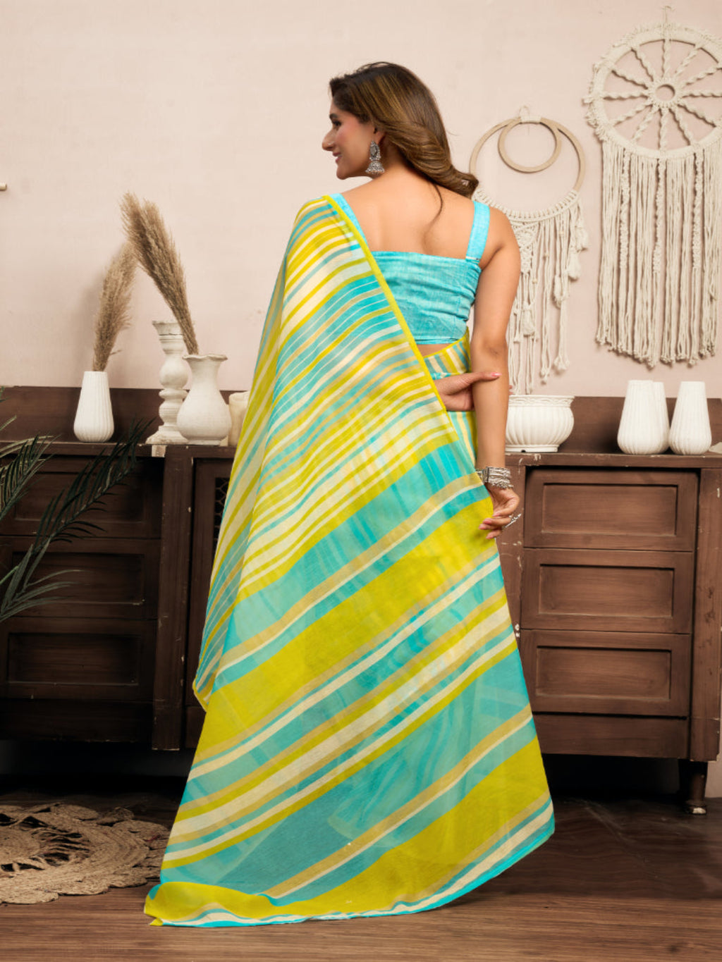 Lime Yellow Printed linen ready to wear saree with pocket