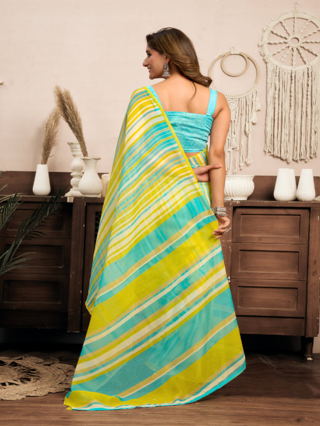 Lime Yellow Printed linen ready to wear saree with pocket