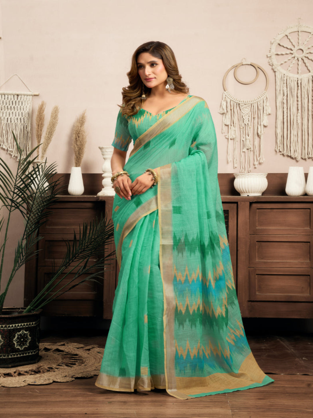 Linen Ikkat Printed ready to wear with pocket saree with Blouse