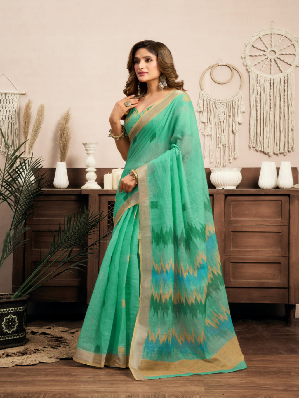 Linen Ikkat Printed ready to wear with pocket saree with Blouse