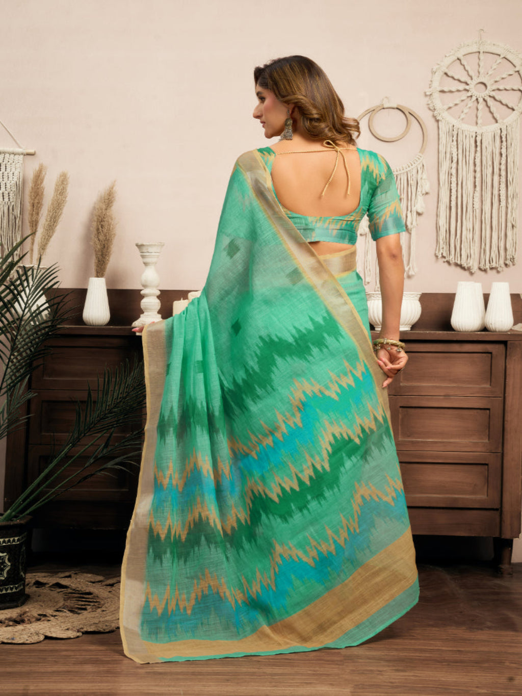 Linen Ikkat Printed ready to wear with pocket saree with Blouse