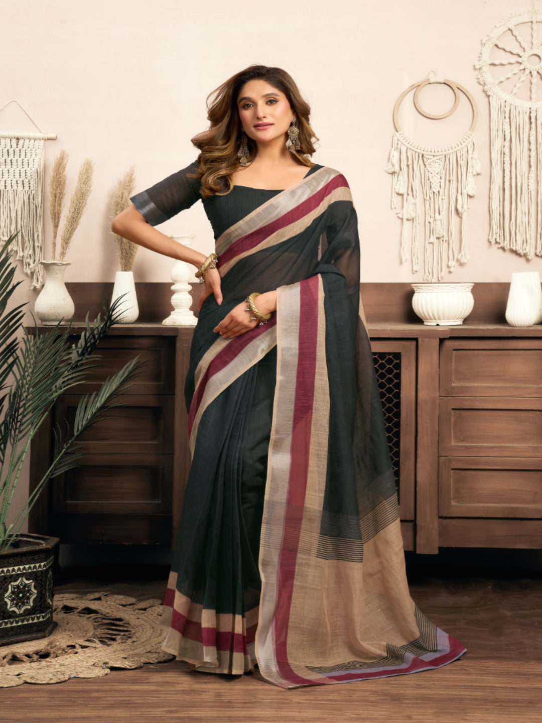 Black Color linen ready to wear saree with pocket