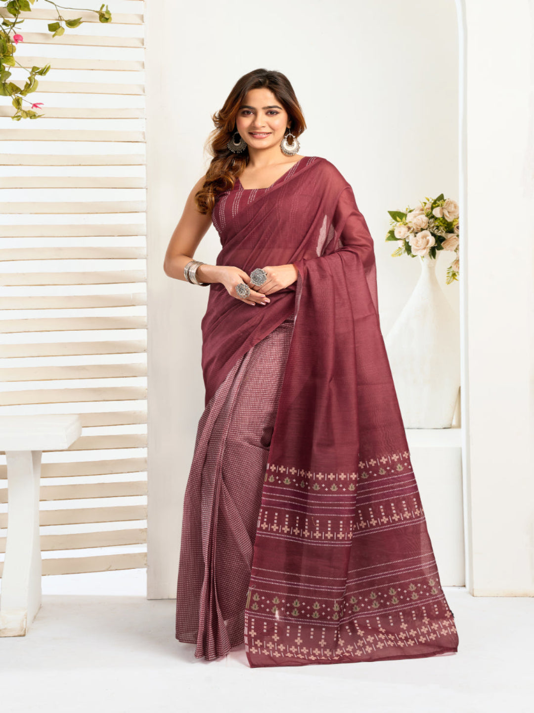Maroon Color Printed linen ready to wear saree with pocket