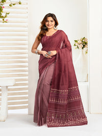 Maroon Color Printed linen ready to wear saree with pocket