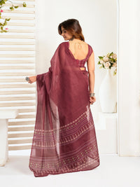 Maroon Color Printed linen ready to wear saree with pocket