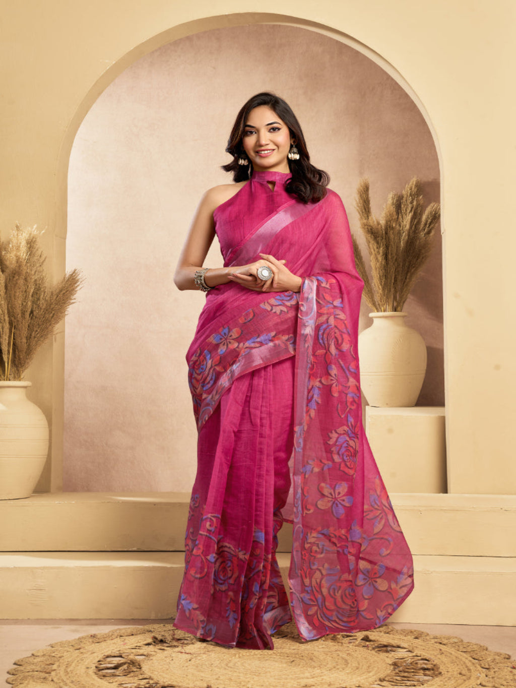 Floral Linen Drape with Printed Border ready to wear saree