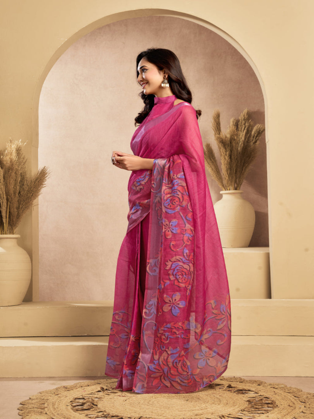 Floral Linen Drape with Printed Border ready to wear saree
