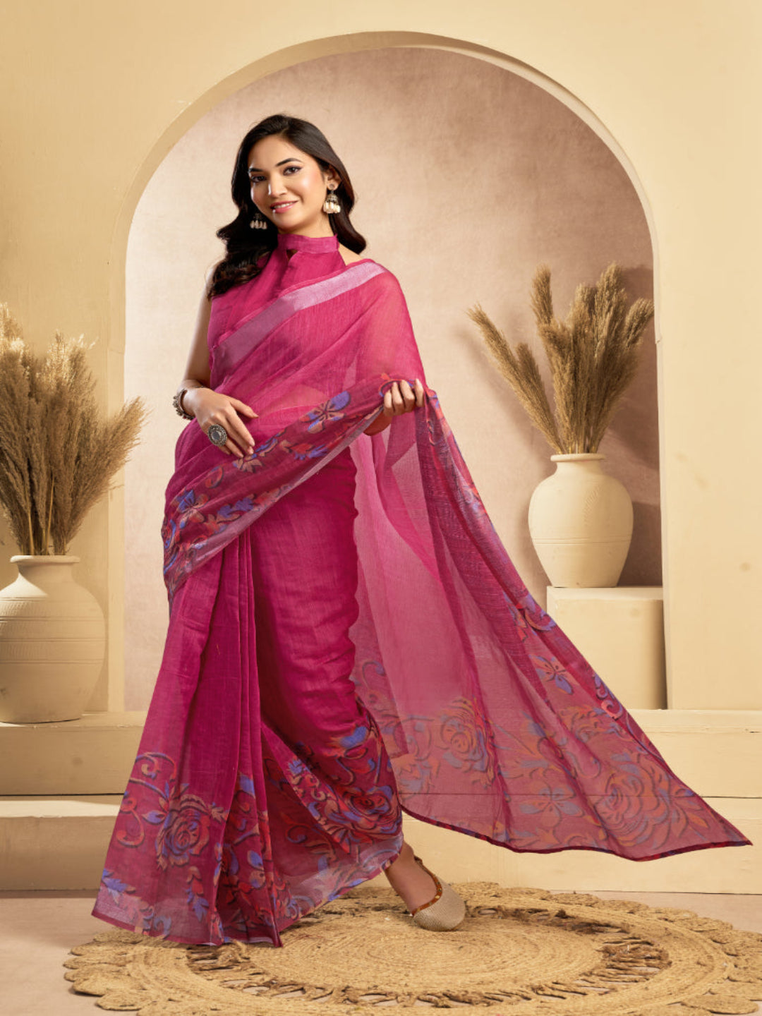 Floral Linen Drape with Printed Border ready to wear saree