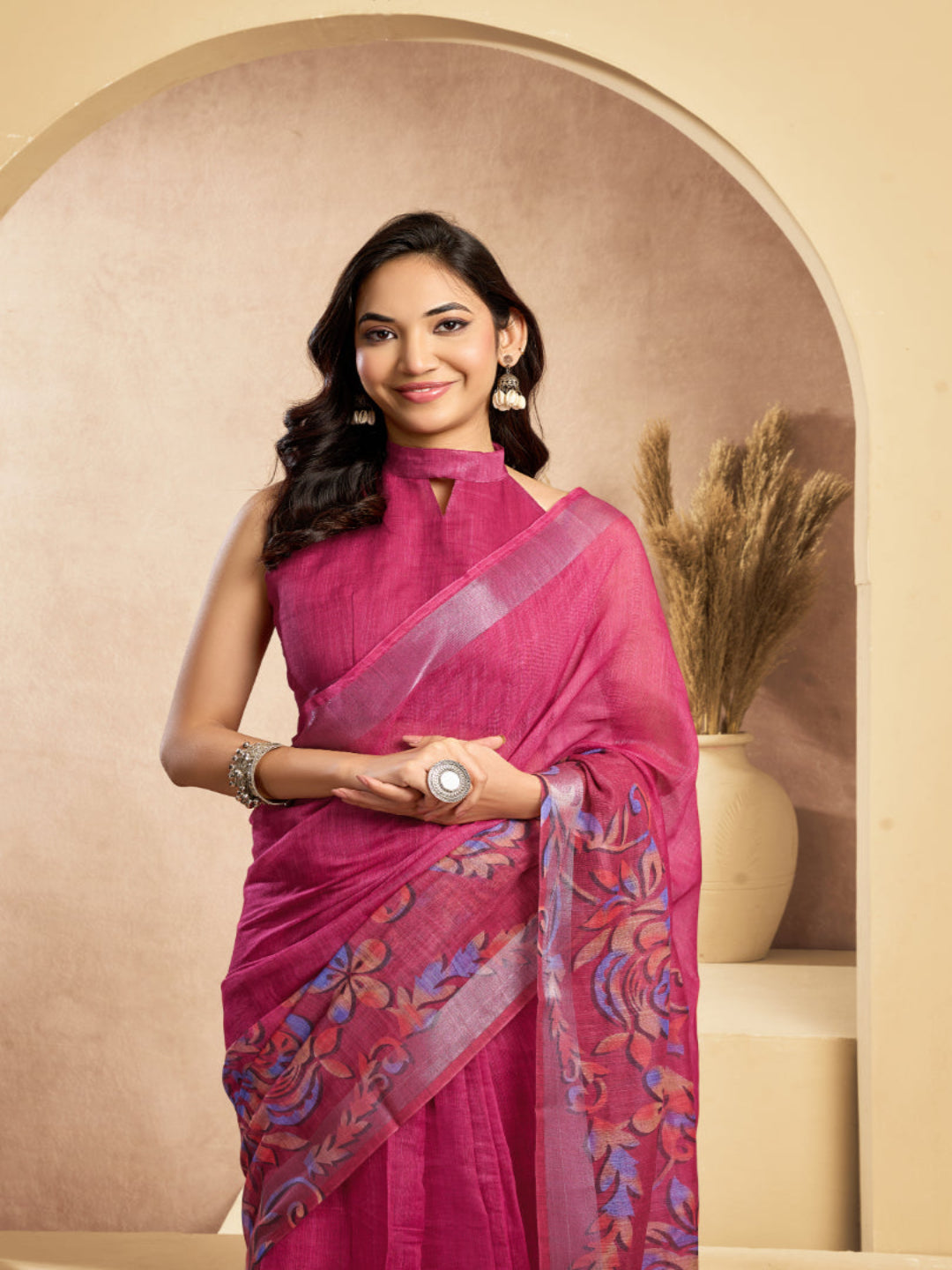 Floral Linen Drape with Printed Border ready to wear saree