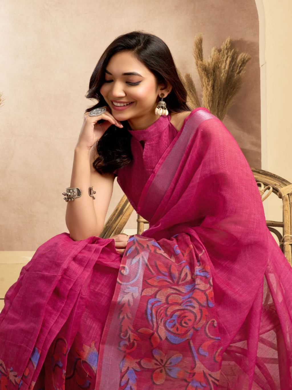 Floral Linen Drape with Printed Border ready to wear saree