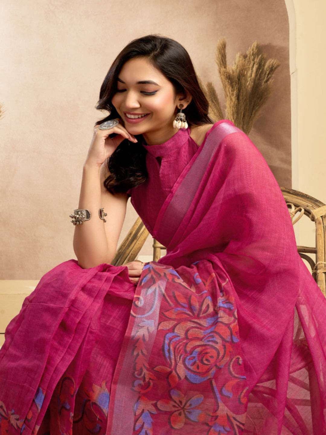 Floral Linen Drape with Printed Border ready to wear saree