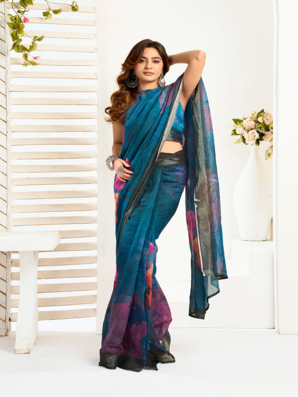 Floral Linen Drape with Printed Border ready to wear saree