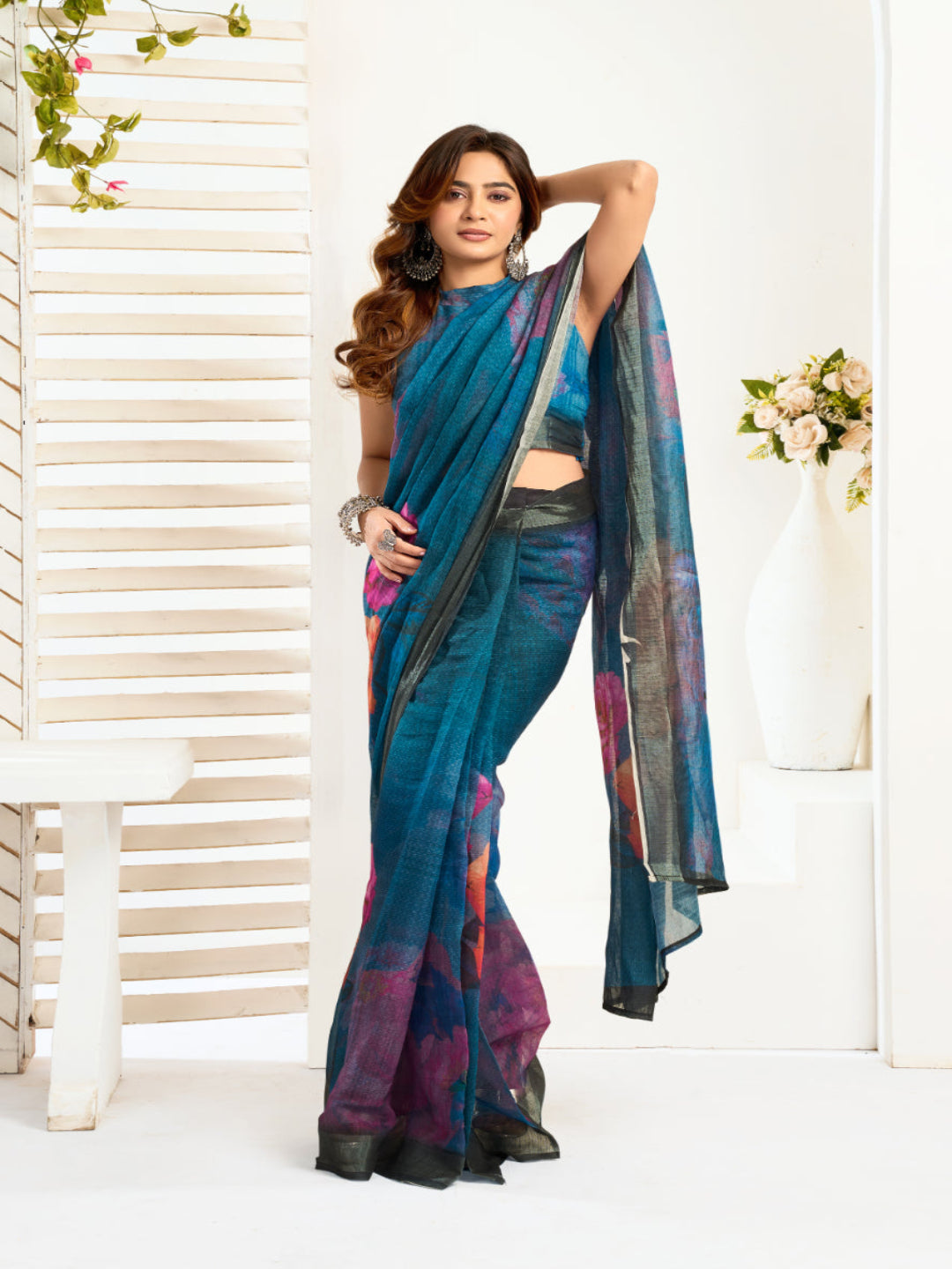 Floral Linen Drape with Printed Border ready to wear saree