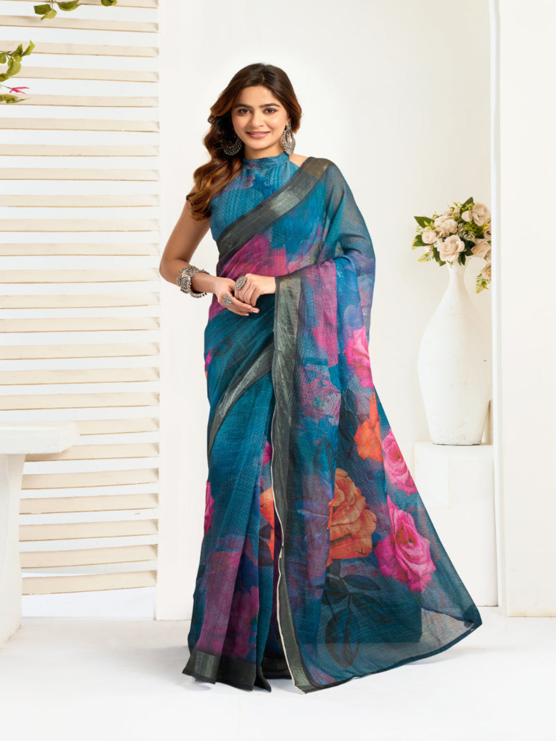 Floral Linen Drape with Printed Border ready to wear saree