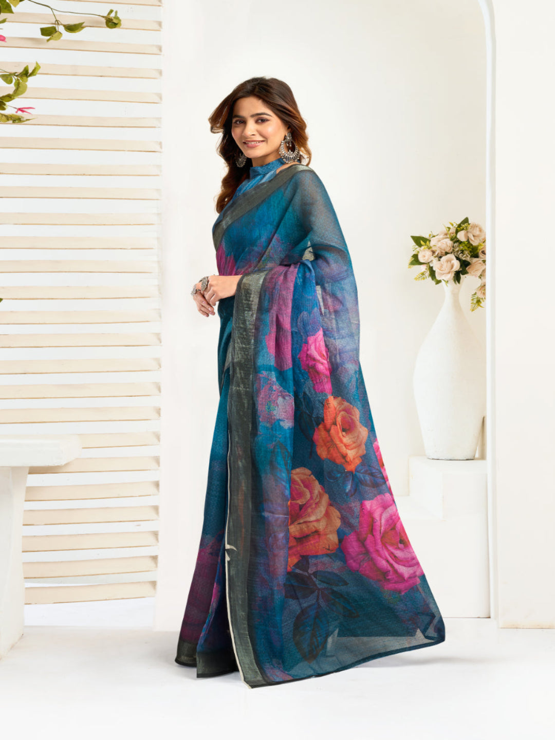 Floral Linen Drape with Printed Border ready to wear saree