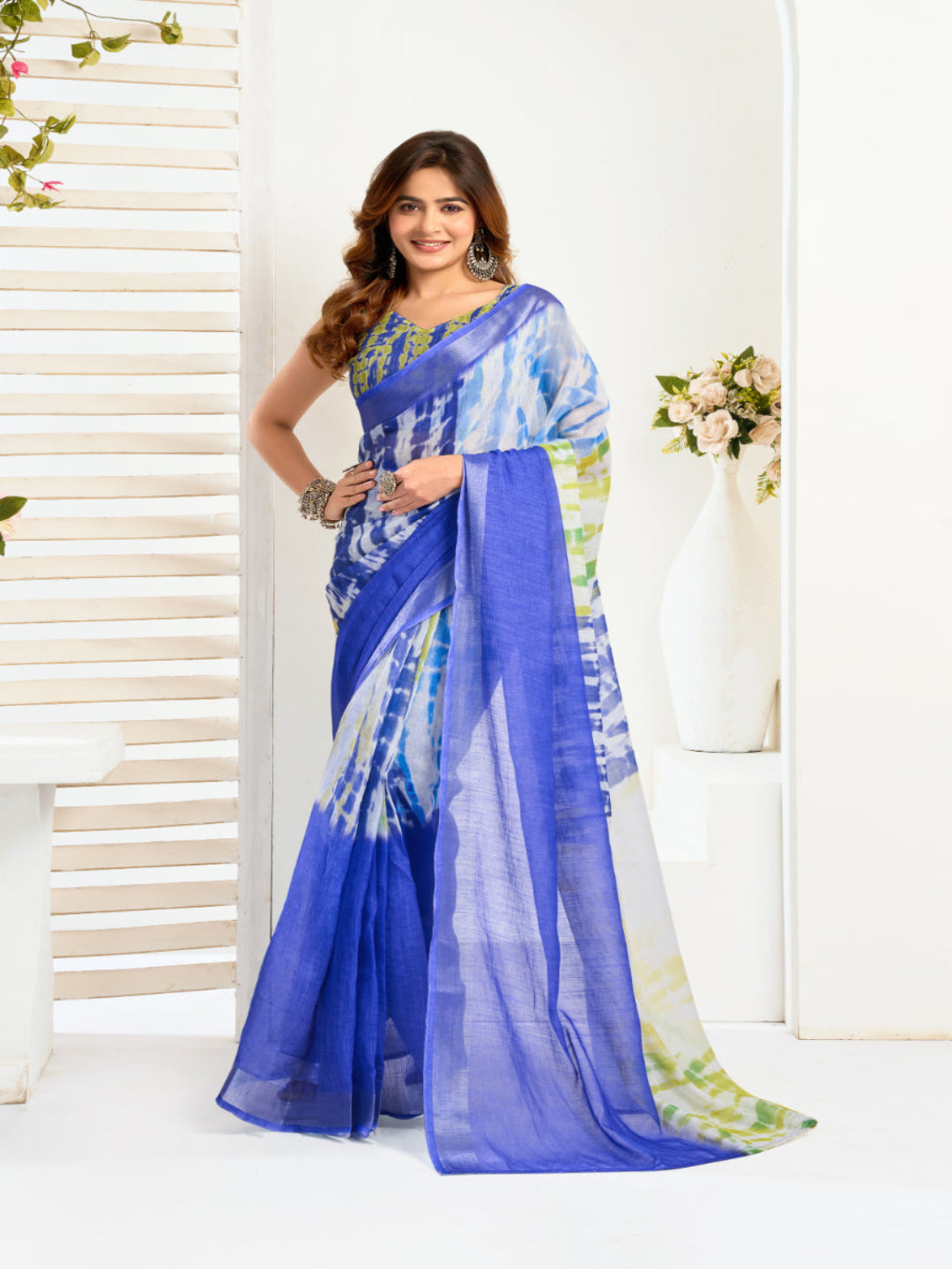 Printed Linen Blend ready to wear  Saree with  Border