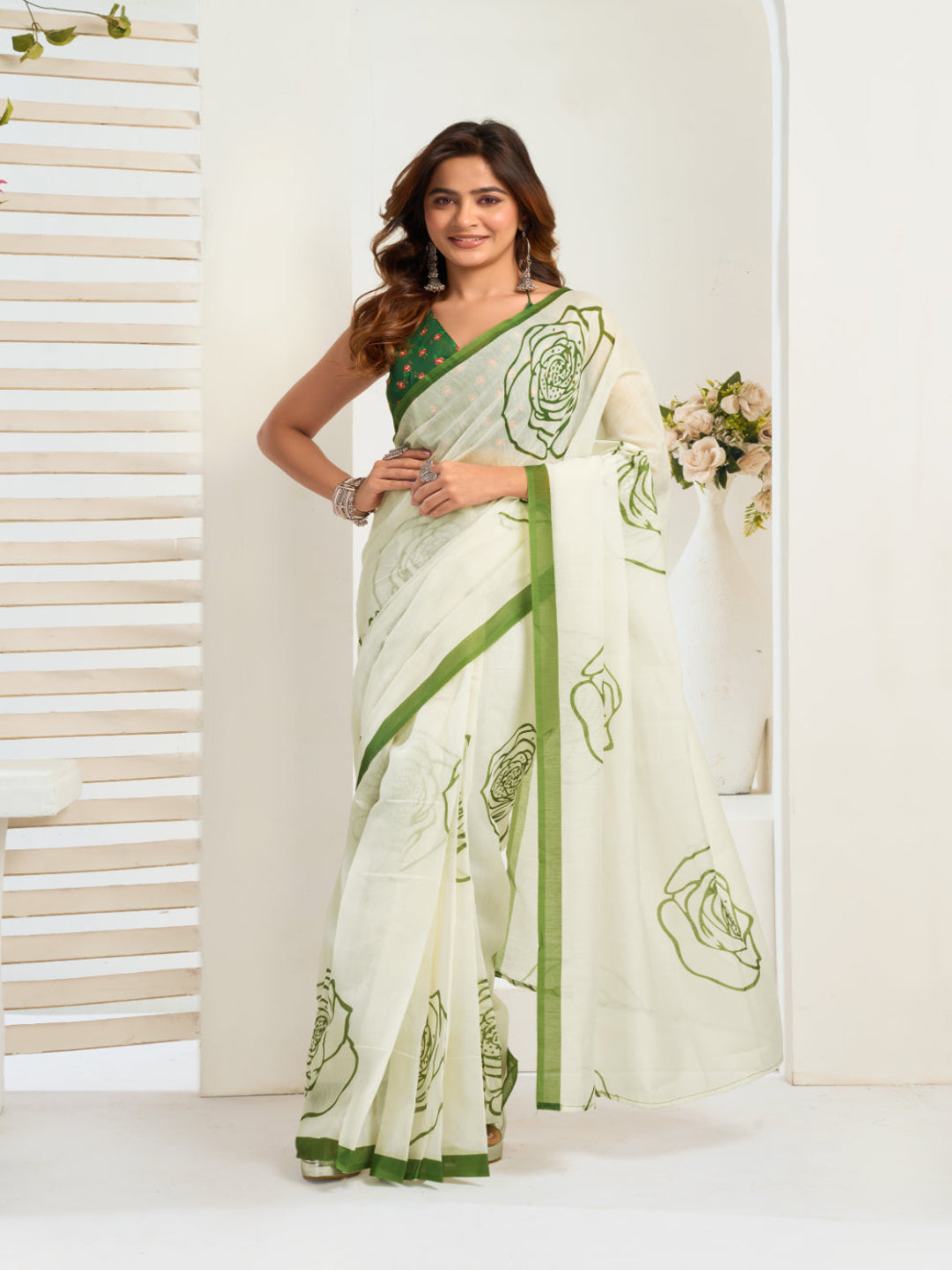 Emerald Linen ready to wear Saree with White Rose Digital Prints