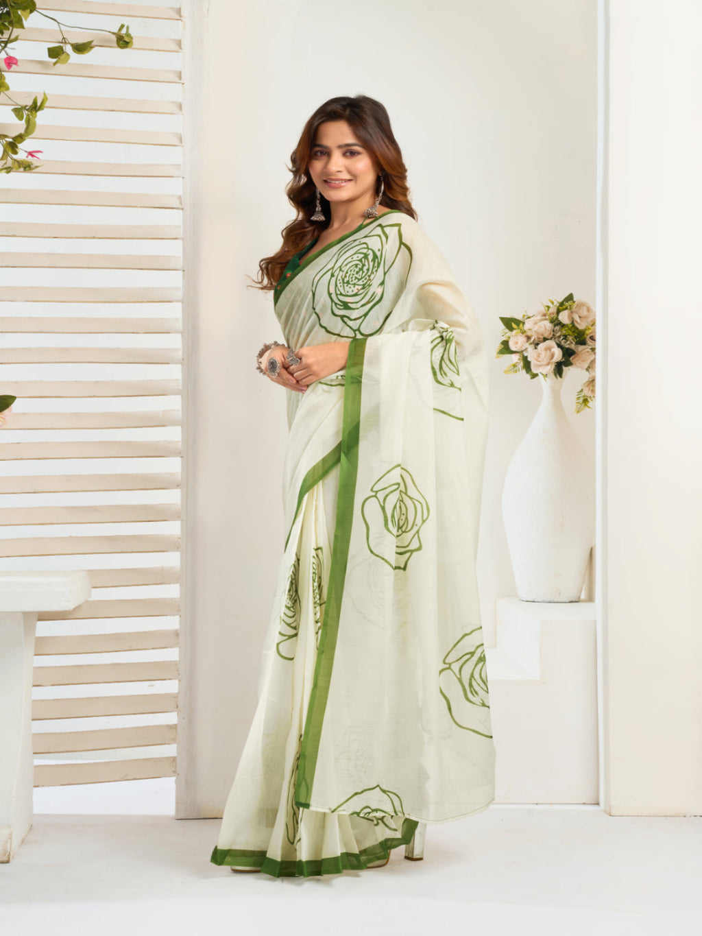 Emerald Linen ready to wear Saree with White Rose Digital Prints