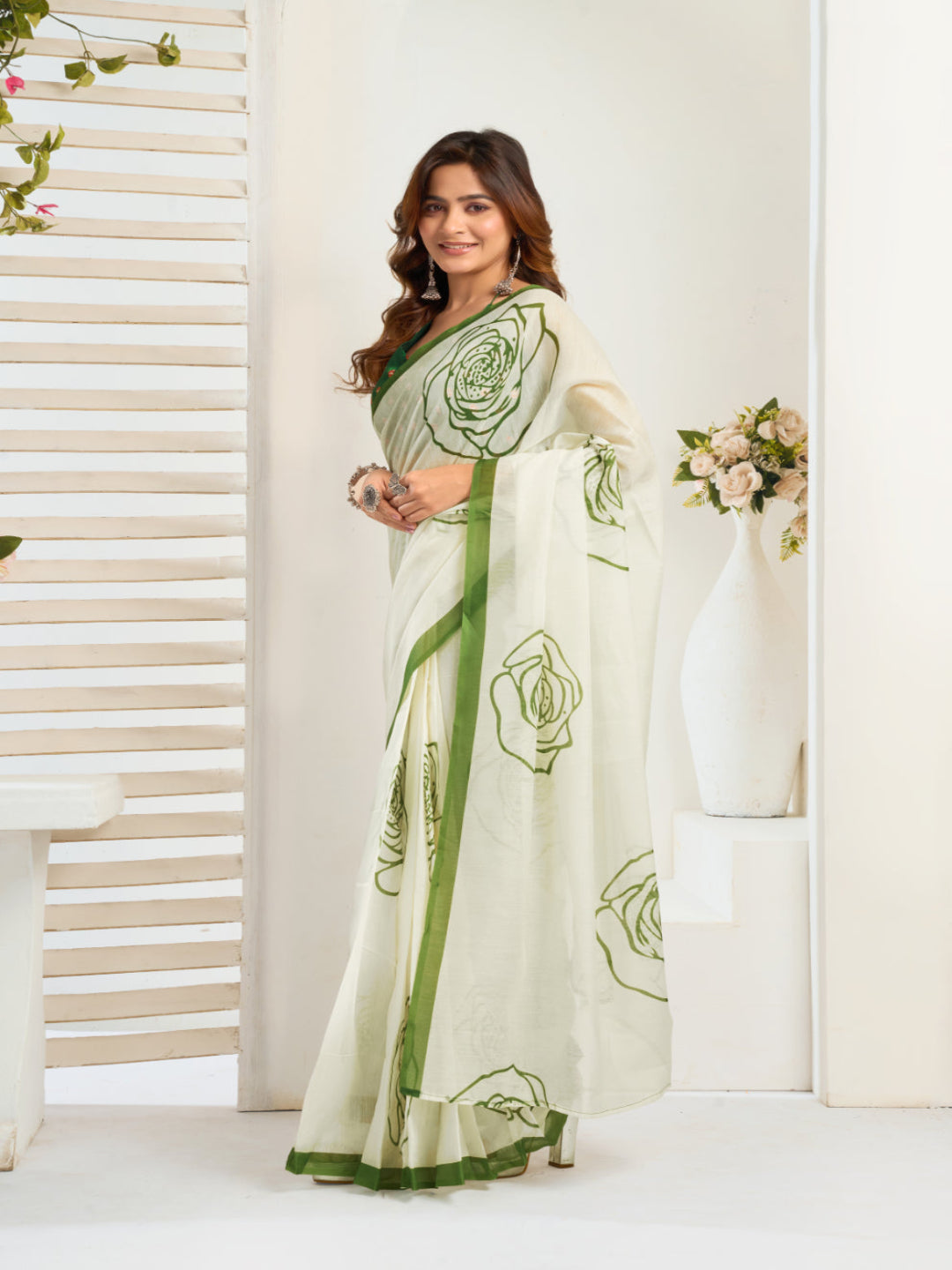 Emerald Linen ready to wear Saree with White Rose Digital Prints