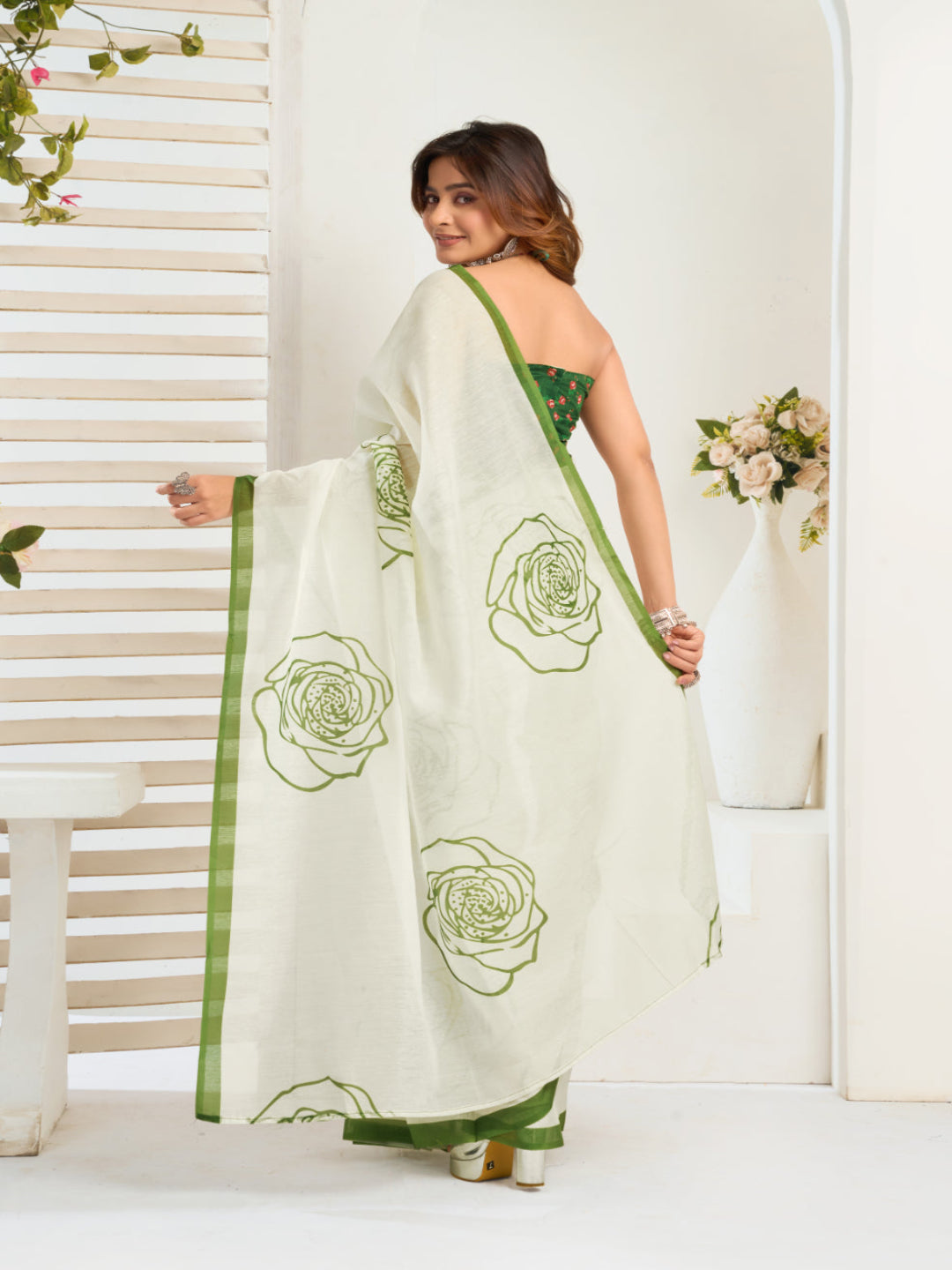 Emerald Linen ready to wear Saree with White Rose Digital Prints