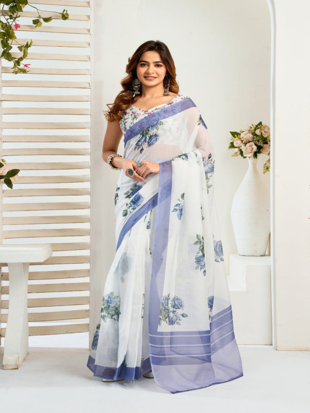Floral Printed Linen Blend ready to wear  Saree with  Border