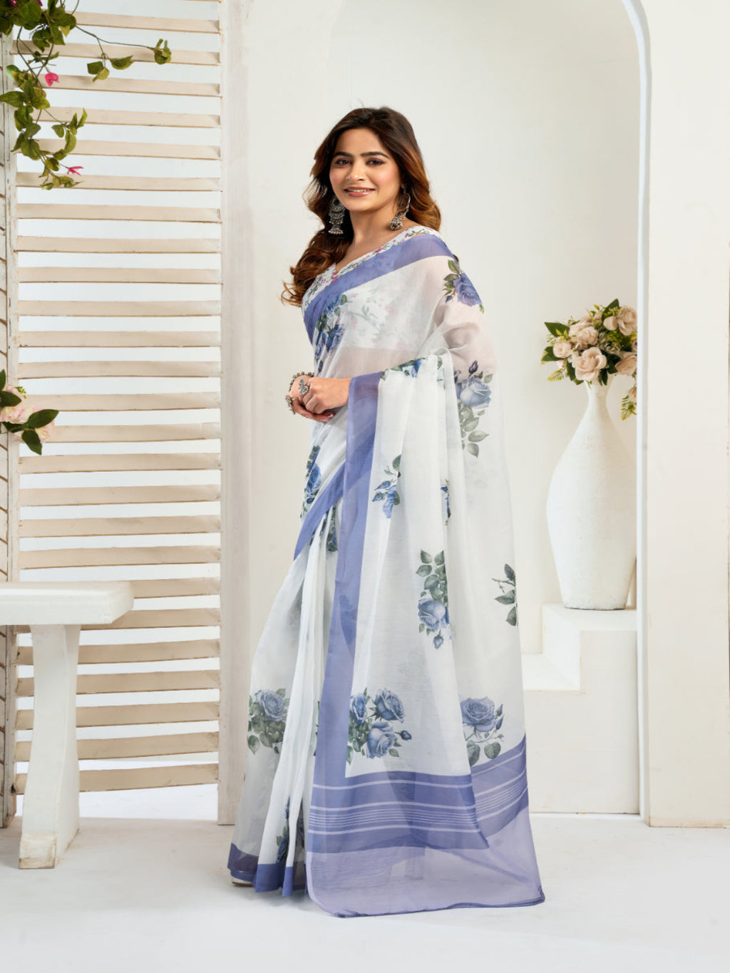 Floral Printed Linen Blend ready to wear  Saree with  Border