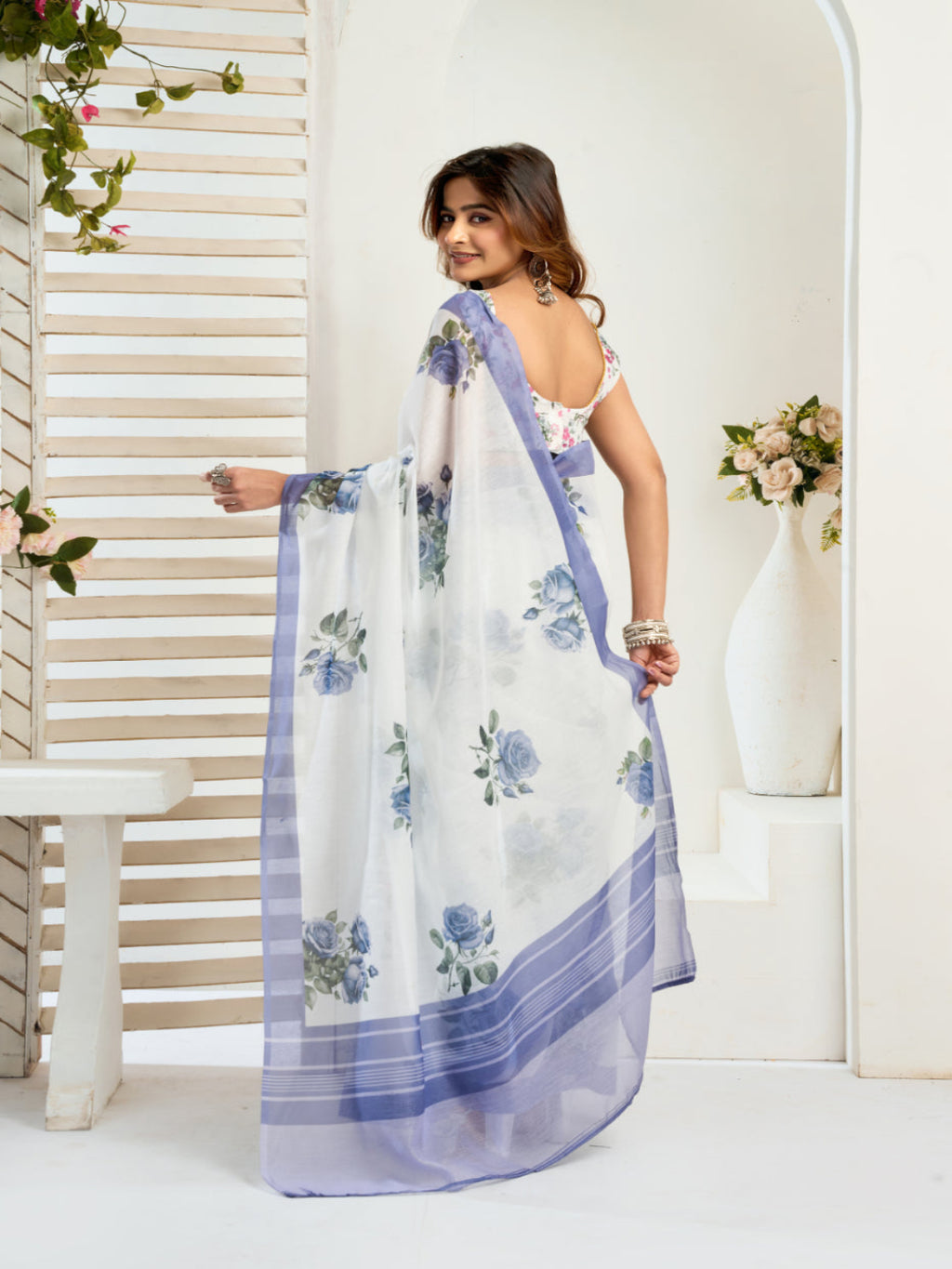Floral Printed Linen Blend ready to wear  Saree with  Border