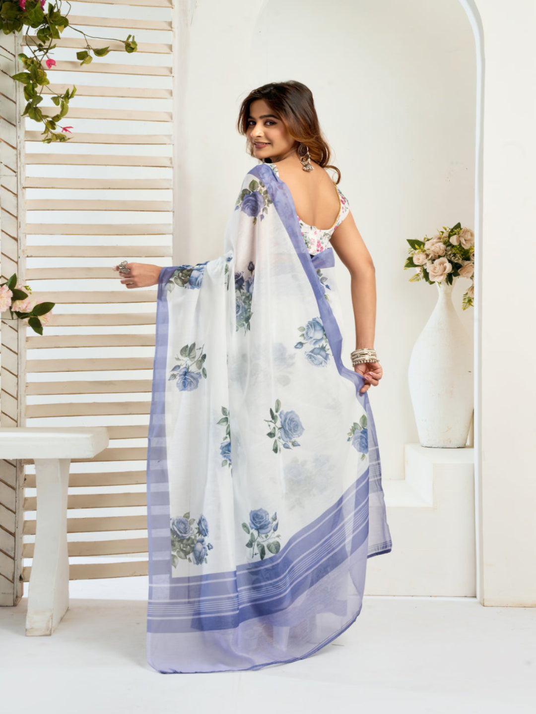 Floral Printed Linen Blend ready to wear  Saree with  Border