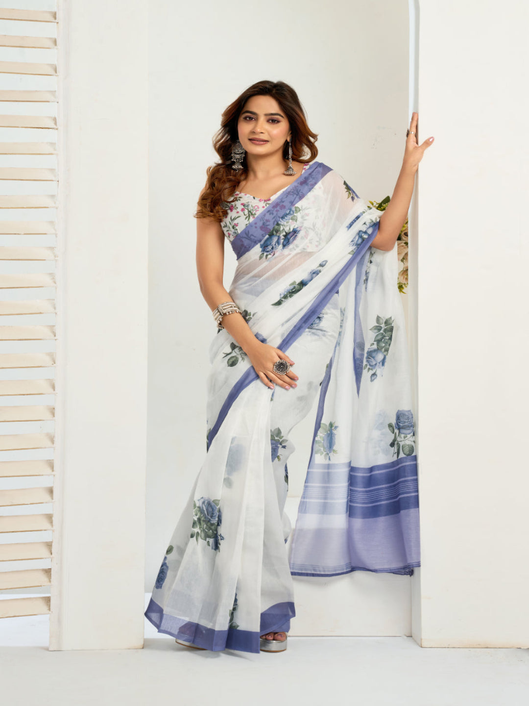 Floral Printed Linen Blend ready to wear  Saree with  Border