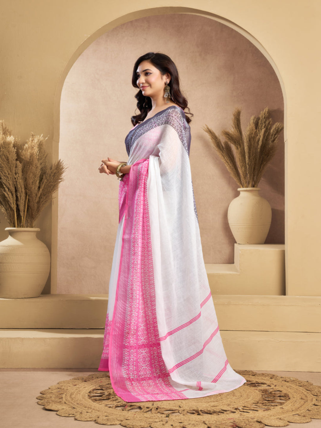 Pink & White Printed Linen Blend ready to wear Saree with  Border