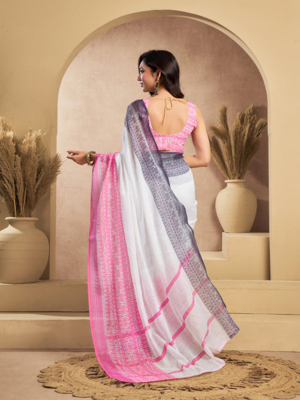 Pink & White Printed Linen Blend ready to wear Saree with  Border