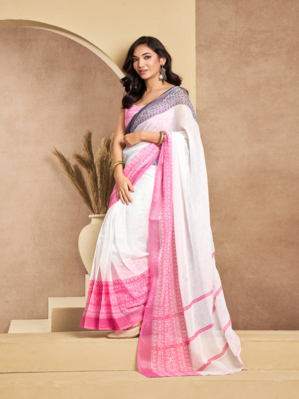 Pink & White Printed Linen Blend ready to wear Saree with  Border