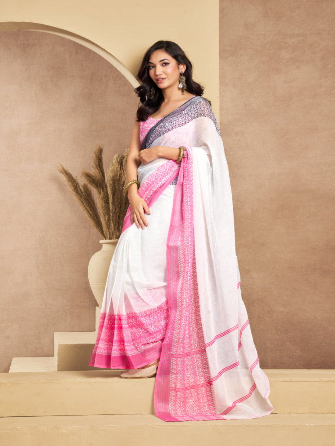 Pink & White Printed Linen Blend ready to wear Saree with  Border