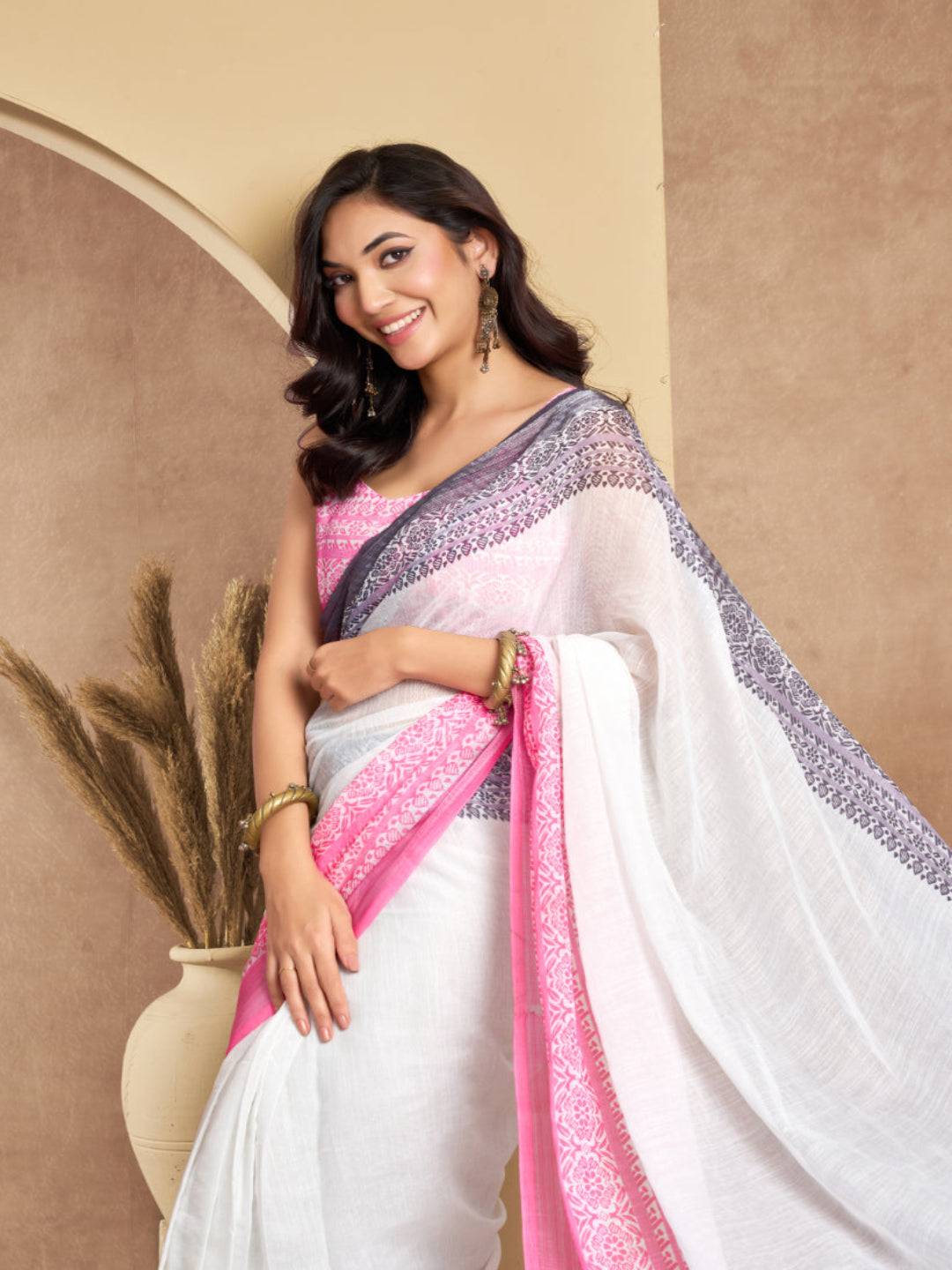 Pink & White Printed Linen Blend ready to wear Saree with  Border