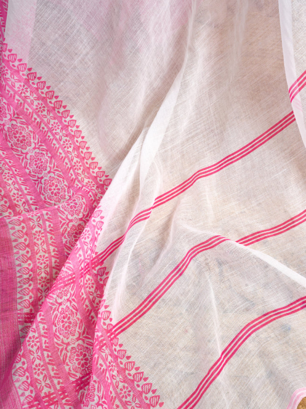 Pink & White Printed Linen Blend ready to wear Saree with  Border