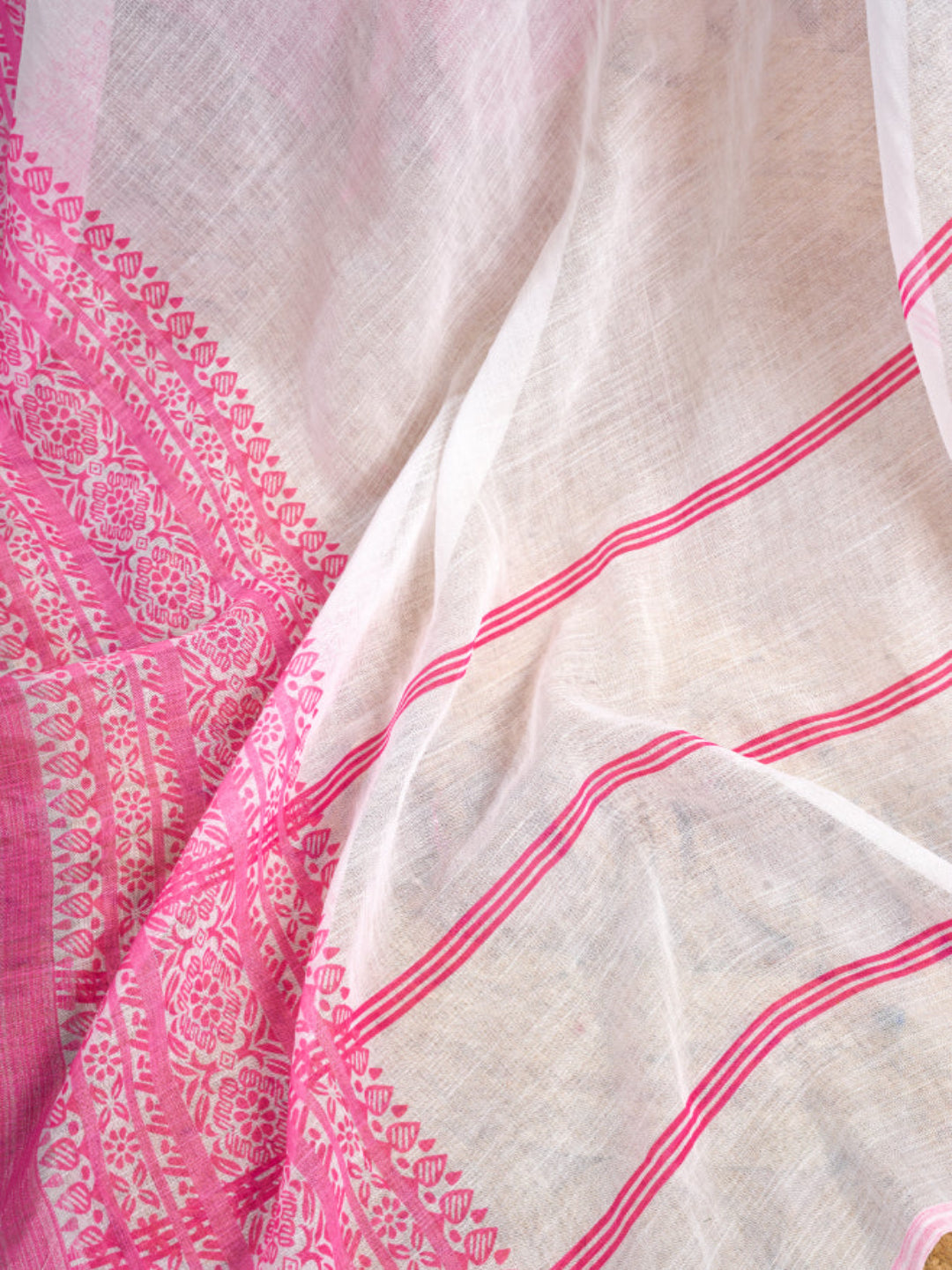 Pink & White Printed Linen Blend ready to wear Saree with  Border