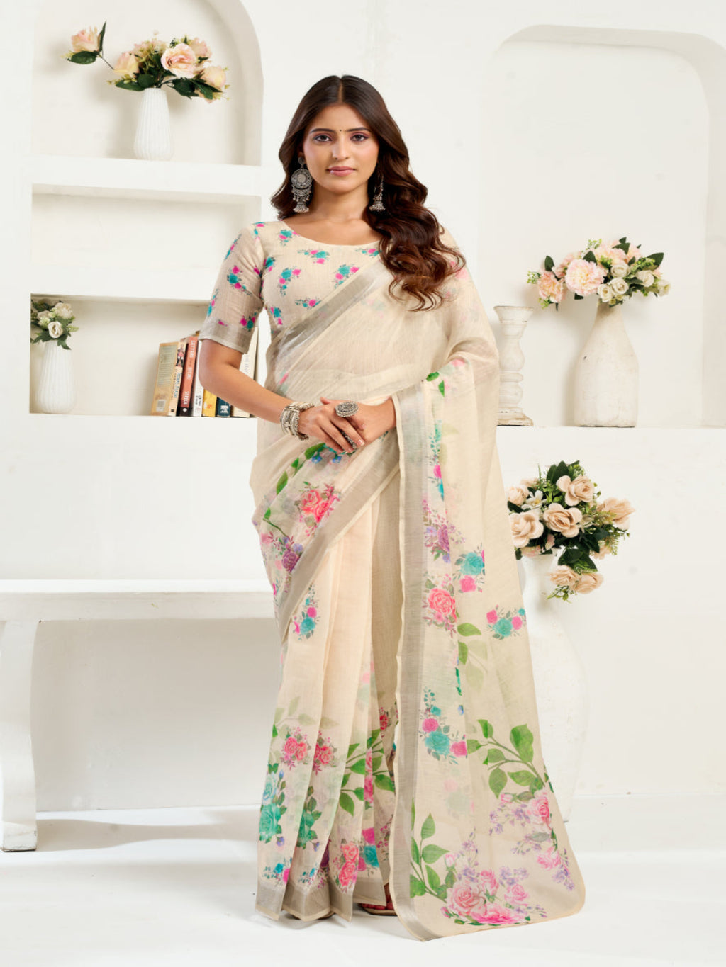 Floral Printed Cream Ready-to-Wear Designer Linen Saree
